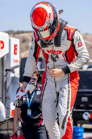 DAVID MALUKAS (18) (R) of Chicago, Illinois  prepares to practice for the Firestone Grand Prix of Monterey at WeatherTech Raceway Laguna Seca in Monterey CA.のeditorial素材
