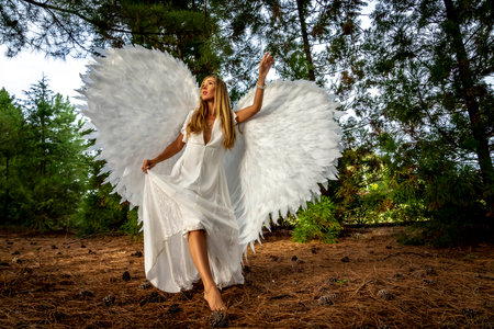 A gorgeous blonde model poses outdoors while while wearing a set of white wings for halloween.の写真素材