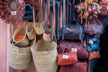 Colorful moroccan handmade souvenirs in blue city Chefchaouen, Morocco, Africa.のeditorial素材