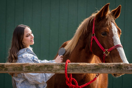 A beautiful brunette cowgirl grooms her horse before riding in the countryの写真素材