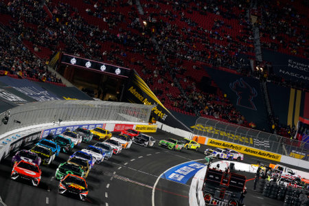 Martin Truex Jr races for the Busch Light Clash at The Coliseum at Los Angeles Memorial Coliseum in...