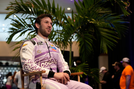 DANIEL SUAREZ gets interviewed during the  Daytona 500 Media Day in Daytona Beach, FL, USA.のeditorial素材