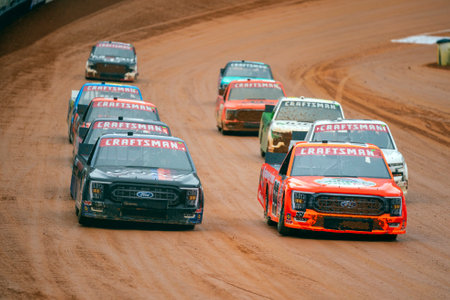 Hailie Deegan races for position for the Weather Guard Truck Race on Dirt in Bristol, TN, USA.のeditorial素材