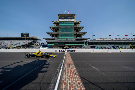 INDYCAR driver, COLTON HERTA (26) of Valencia, California, crosses the yard of bricks during a practice session for the Indianapols 500 at the Indianapolis Motor Speedway in Indianapolis, IN, USA.のeditorial素材