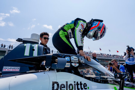 INDYCAR driver, Takuma Sato (11) of Tokyo, Japan and his Chip Ganassi Racing Honda team, prepare to qualify for the Indianapolis 500 at the Indianapolis Motor Speedway in Indianapolis, IN, USA.のeditorial素材