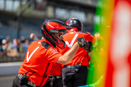 INDYCAR driver, WILL POWER (12) of Toowoomba, Australia, brings his Team Penske Chevrolet car in for a pit stop during the Pit Stop Competition  at the Indianapolis Motor Speedway in Indianapolis, IN, USA.のeditorial素材