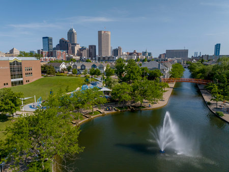 May 25, 2023-Indianapolis, IN:  Aerial view of Indianapolis, colloquially known as Indy, is the...