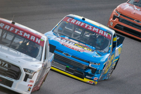 NASCAR Craftsman Truck Series driver, Lawless Alan, races for position for the Heart Of America 200 in Kansas City, KC, USA.のeditorial素材