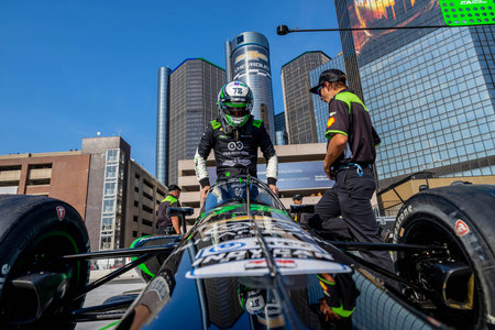 INDYCAR driver, AGUSTIN HUGO CANAPINO (R) (78) of Arrecifes, Argentina, prepares to practice for the Chevrolet Detroit Grand Prix on the Streets of Downtown Detroit in Detroit MI, USA.のeditorial素材