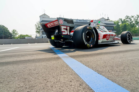 INDYCAR Series driver, STING RAY ROBB (R) (51) of Payette, Idaho, comes off pit road during a practice for the Sonsio Grand Prix at Road America in Elkhart Lake WI.のeditorial素材