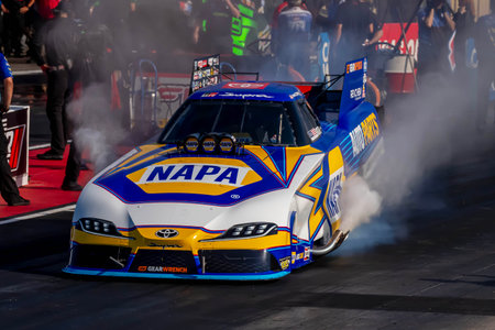 NHRA driver, Ron Capps, prepares to qualify for the Dodge Power Brokers NHRA Mile-High Nationals in Morrison, CO, USA.のeditorial素材