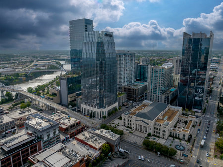 Aerial view of the city of Nashville, TN located on the Cumberland River.  The city is the capitol for the Volunteer State.のeditorial素材