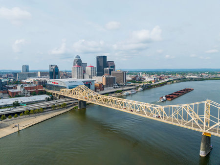 Aerial view of the city of Louisville, Kentucky on the Ohio River.のeditorial素材