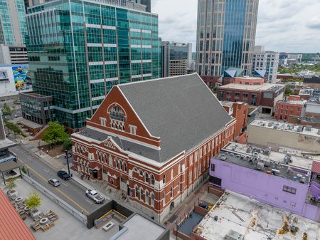 Aerial view of the famous Ryman Auditorium in Nashville Tennessee.のeditorial素材