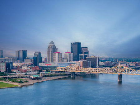 Aerial view of the city of Louisville, Kentucky on the Ohio River.のeditorial素材