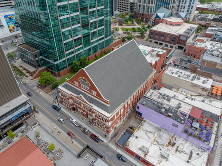 Aerial view of the famous Ryman Auditorium in Nashville Tennessee.のeditorial素材