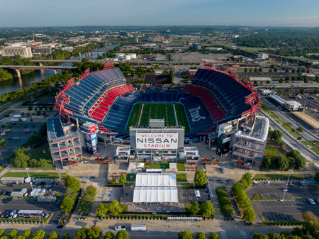 Aerial view of Nissan Stadium, home of the NFLs Tennessee Titans.のeditorial素材