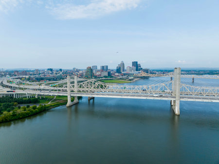 Aerial view of the city of Louisville, Kentucky on the Ohio River.のeditorial素材