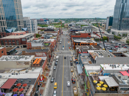Aerial view of the city of Nashville, TN located on the Cumberland River.  The city is the capitol for the Volunteer State.のeditorial素材