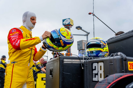 INDYCAR Series driver, ROMAIN GROSJEAN (28) of Geneva, Switzerland, prepares to quality for the...
