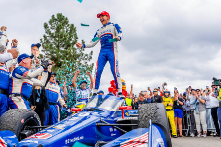 Sep 03, 2023-Portland, OR:  INDYCAR Series driver, ALEX PALOU (10) of Barcelona, Spain, wins the Bitnile.com Grand Prix of Portland and clinches the championship at Portland International Raceway in Portland, OR.のeditorial素材