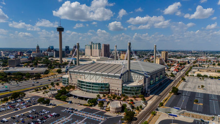 Sep 14, 2023-San Antonio, TX:  Aerial View of the Alamodome in San Antonio, Texas.  The Alamodome is the home for the NBA San Antonio Spurs.のeditorial素材