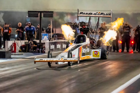 Sep 22, 2023-Concord, NC:  NHRA Top Fuel Dragster Series driver, Clay Millican, runs down the lane during a qualifying session for the Betway Carolina Nationals.のeditorial素材