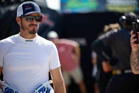 NASCAR Cup Series Driver, J J Yeley (15) gets ready to take to the track to practice for the Autotrader EchoPark Automotive 400 at the Texas Motor Speedway in Fort Worth TX.のeditorial素材