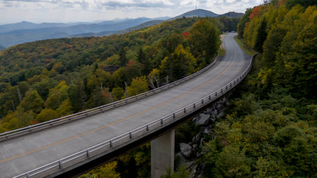 Aerial view of Linn Cove Viaduct on the Blue Ridge Parkway near Blowing Rock, North Carolina.