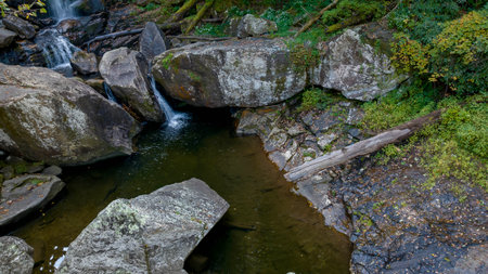 A beautiful waterfalls set in a mountain environment as the leaves start changing for fall.