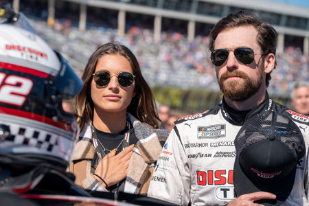 NASCAR Cup Series Driver Ryan Blaney (12) stands for the prayer for the Bank of Amercia ROVAL 400 at the Charlotte Motor Speedway in Concord NC.のeditorial素材