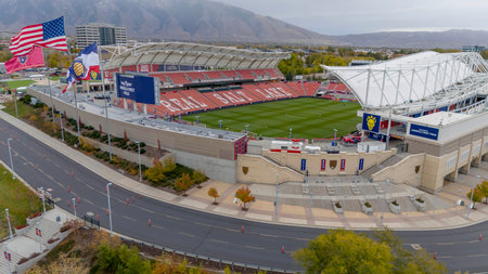 Aerial view of America First Field, home of the Real Salt Lake and National Womenâs Soccer League Club, Utah Royals FC.のeditorial素材