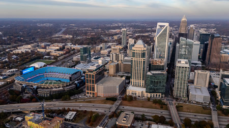 Aerial view of the Bank of America Stadium, home of the National Football League Carolina Panthers and MLS Charlotte FC football club.のeditorial素材