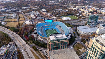 Aerial view of the Bank of America Stadium, home of the National Football League Carolina Panthers and MLS Charlotte FC football club.のeditorial素材