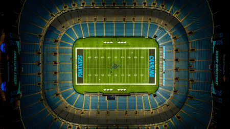 Night aerial view of the Bank of America Stadium, home of the National Football League Carolina Panthers and MLS Charlotte FC football club.のeditorial素材