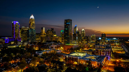 Aerial view of the Queen City, Charlotte, North Carolina at nightのeditorial素材