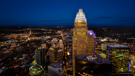 Aerial view of the Queen City, Charlotte, North Carolina at nightのeditorial素材