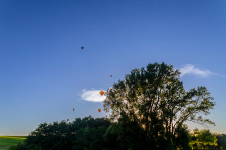 Dazzling balloons dance in the blue sky, a vibrant spectacle of colors floating joyfully across the heavensの写真素材