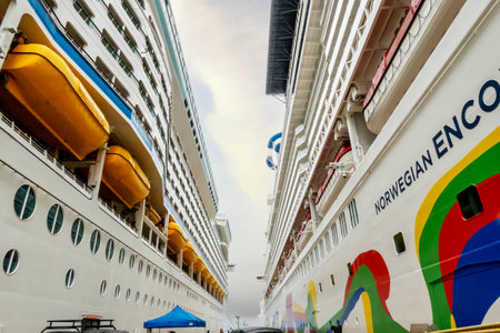 Norwegian Encore graces Puerto Plata, DR, offering cruisers a gateway to explore lush countryside. Passengers embark on immersive adventures, discovering local charm and vibrant landscapesのeditorial素材