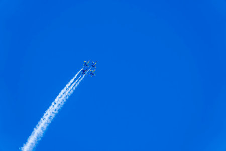 The elite US Navy Blue Angels hone precision in the California desert, practicing intricate formation flying at Naval Air Field El Centro for the upcoming air show seasonのeditorial素材