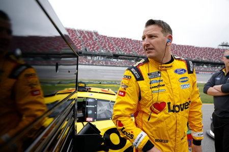 Michael McDowell gets ready to qualify for the GEICO 500 in Lincoln, AL, USA.