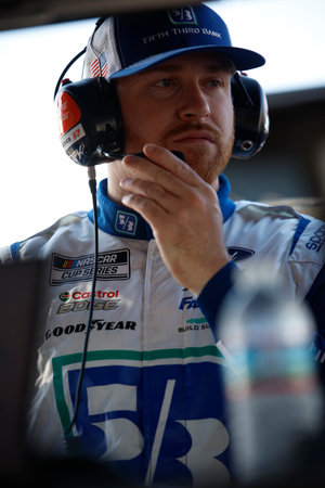 Chris Buescher takes to the track to practice for the AutoTrader EchoPark Automotive 400 in Fort Worth, TX, USA.のeditorial素材