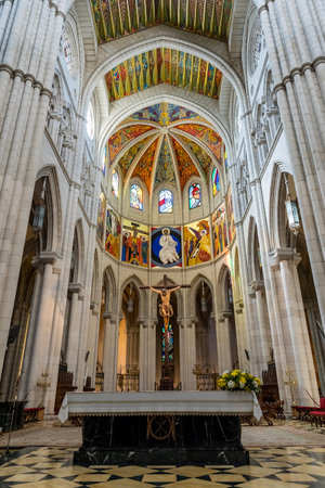 Almudena Cathedral: Iconic seat of Madrid's Archdiocese, built over a century, consecrated in 1993, adjacent to the Royal Palace.のeditorial素材