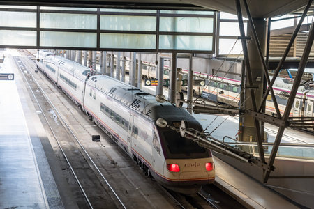 High-speed train arrives at Madrid Atocha, hub for commuter and regional trains, as well as AVE services across Spain.のeditorial素材