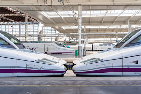 High-speed train arrives at Madrid Atocha, hub for commuter and regional trains, as well as AVE services across Spain.のeditorial素材