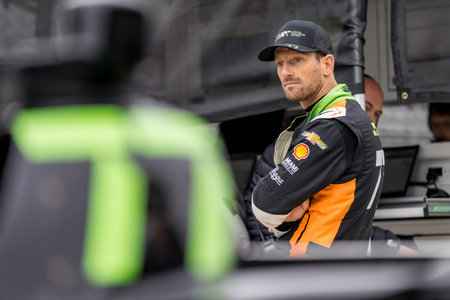 ROMAIN GROSJEAN (77) of Geneva, Switzerland prepares for the 108th Running of the Indianapolis 500 at the Indianapolis Motor Speedway in Speedway, IN.のeditorial素材
