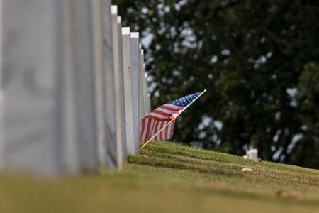 Generic views of a veterans cemetery on a serene day, featuring American flags fluttering in the breeze as a memorial celebration honors those who served.のeditorial素材