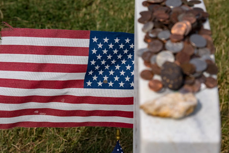 Generic views of a veterans cemetery on a serene day, featuring American flags fluttering in the breeze as a memorial celebration honors those who served.のeditorial素材