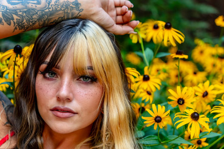 A radiant young Mexican American woman with Three-toned hair, blending dark brown and caramel, smiles warmly. She enjoys a sunny summer day at the park, surrounded by lush greenery and vibrant flowers.の写真素材