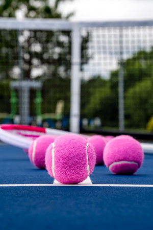 Bright pink tennis balls rest scattered on the vibrant blue court, their fuzzy surfaces glowing under the sunlight, ready for the next game to begin with energy and anticipation.の写真素材